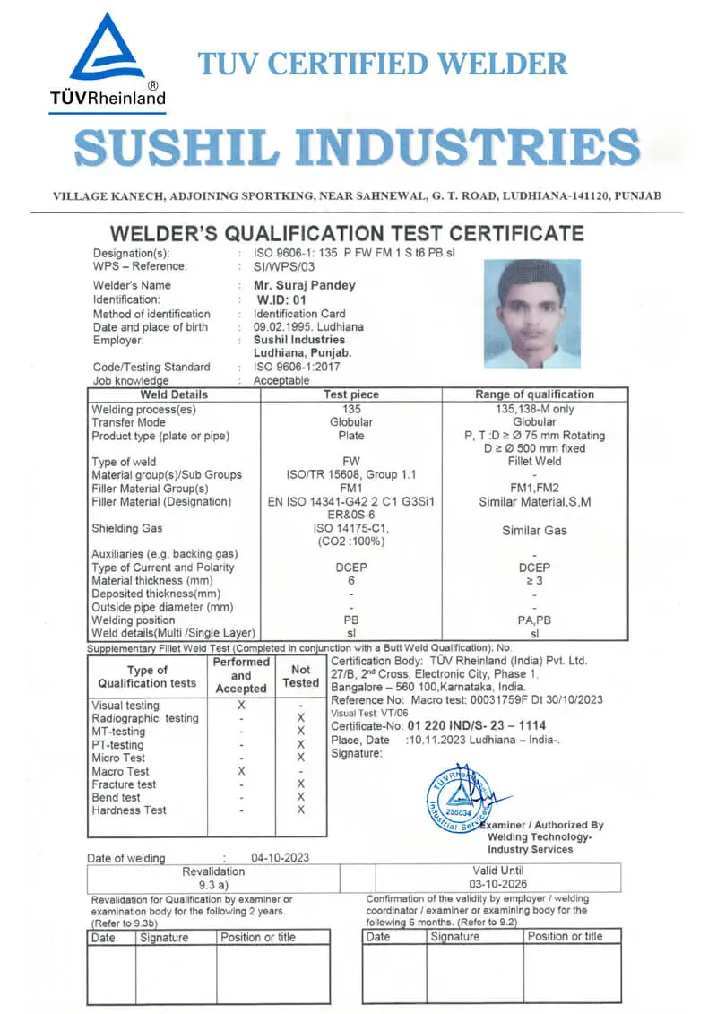 certificates, Sushil Industries, Push Pull couplings